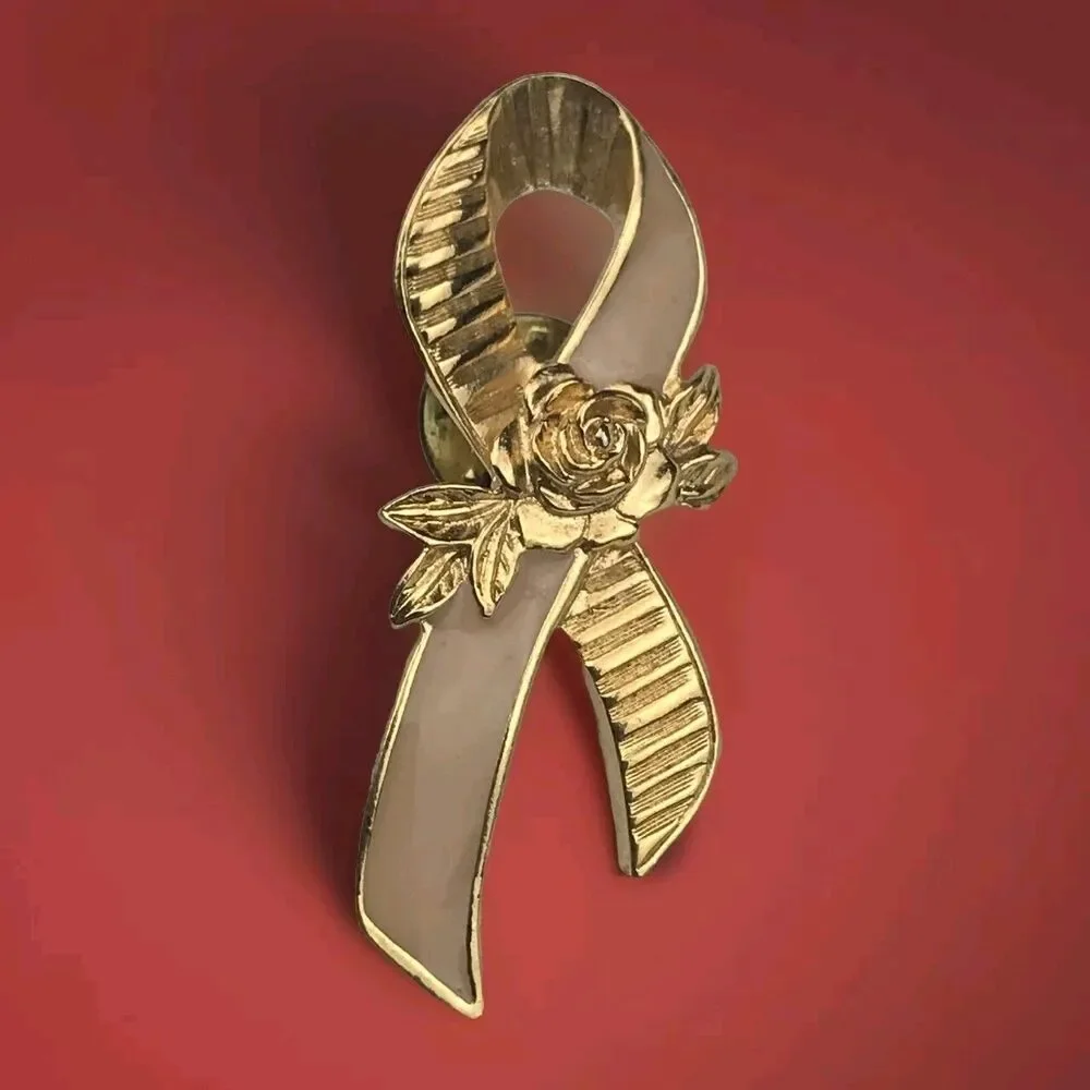 Avon Gold Tone Pink Awareness Ribbon Rose Lapel Pin Vintage Brooch